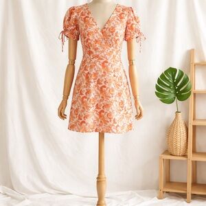Francesca's Collections Orange Floral Tie-Sleeve Mini Dress